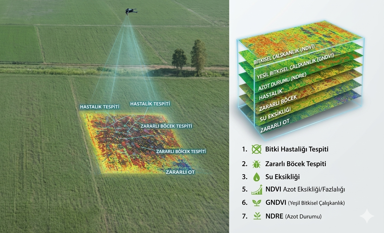 Drone tarla tarama — 6 analiz katmanı infografik